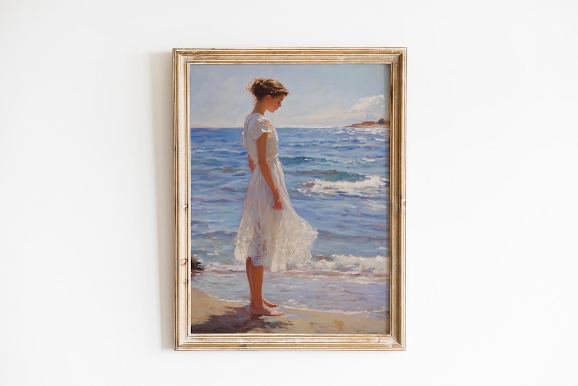 Woman in White Dress by the Sea Vintage Oil Painting Coastal Print