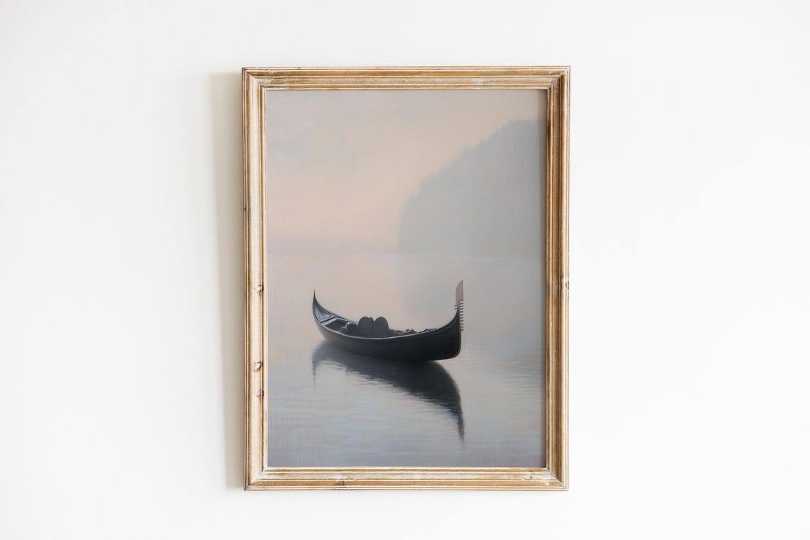 Gondola on Misty Calm Lake Romantic Serene Landscape Painting Poster