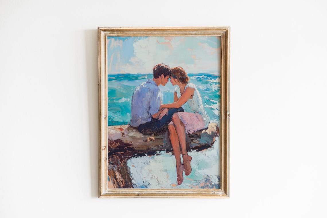 Romantic Couple Sitting On Driftwood By Turquoise Sea Summer Poster