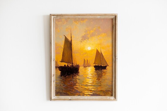 Golden Sunset Sailboats Seascape Vintage Oil Painting Ocean Poster