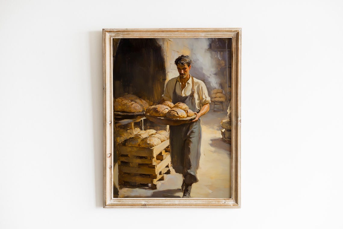 Rustic Baker Fresh Bread Loaves Warm Kitchen Oil Painting Poster Art
