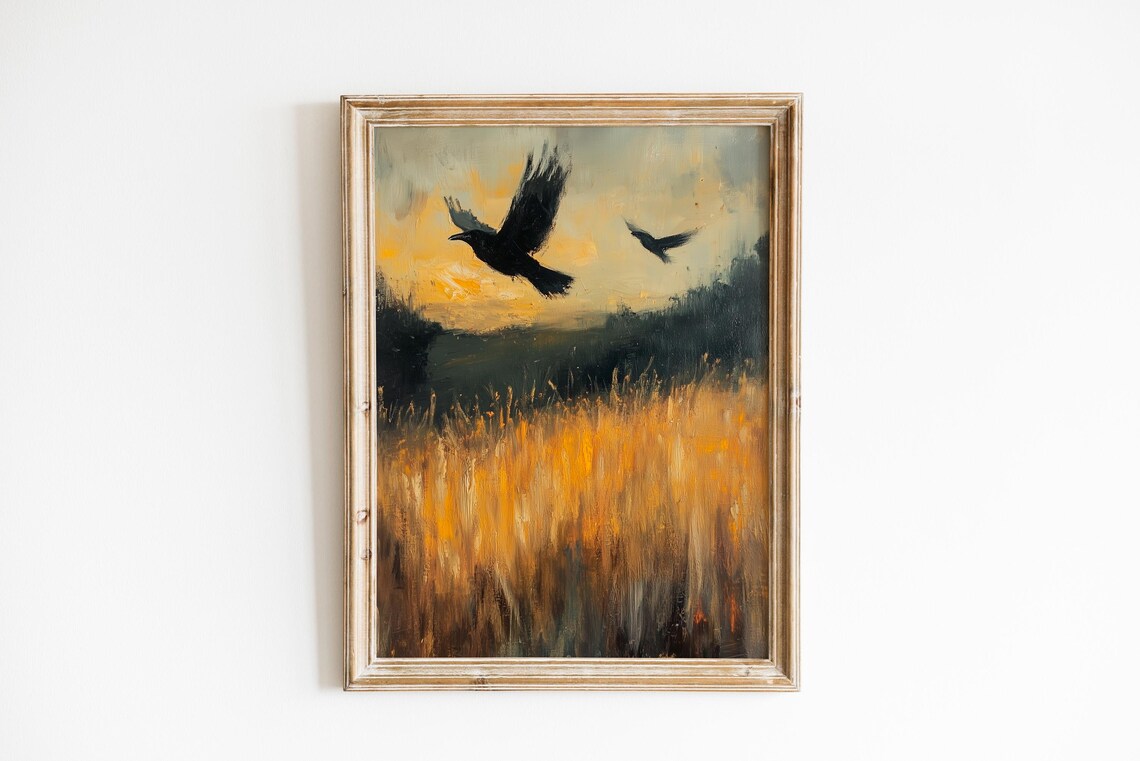 Crows in Flight Over Golden Autumn Wheat Field Moody Farmhouse Poster