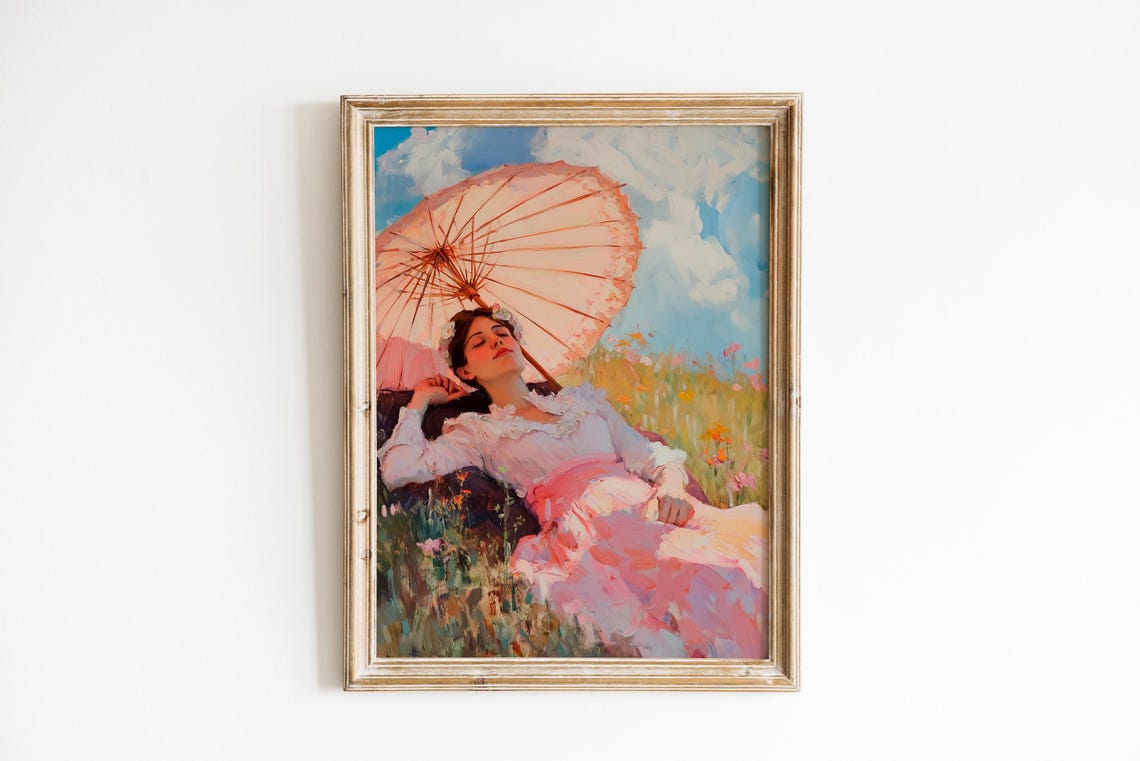 Vintage Woman Pink Parasol Resting Flower Field Impressionist Print