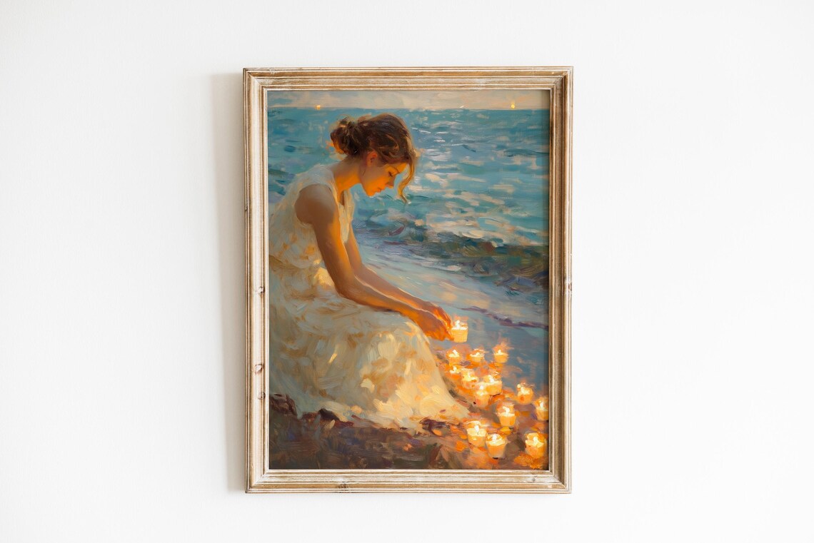 Woman Lighting Candles By The Water At Dusk Impressionist Wall Art