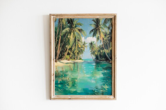 Tropical Palm Trees Turquoise Lagoon White Sand Beach Vintage Art Poster