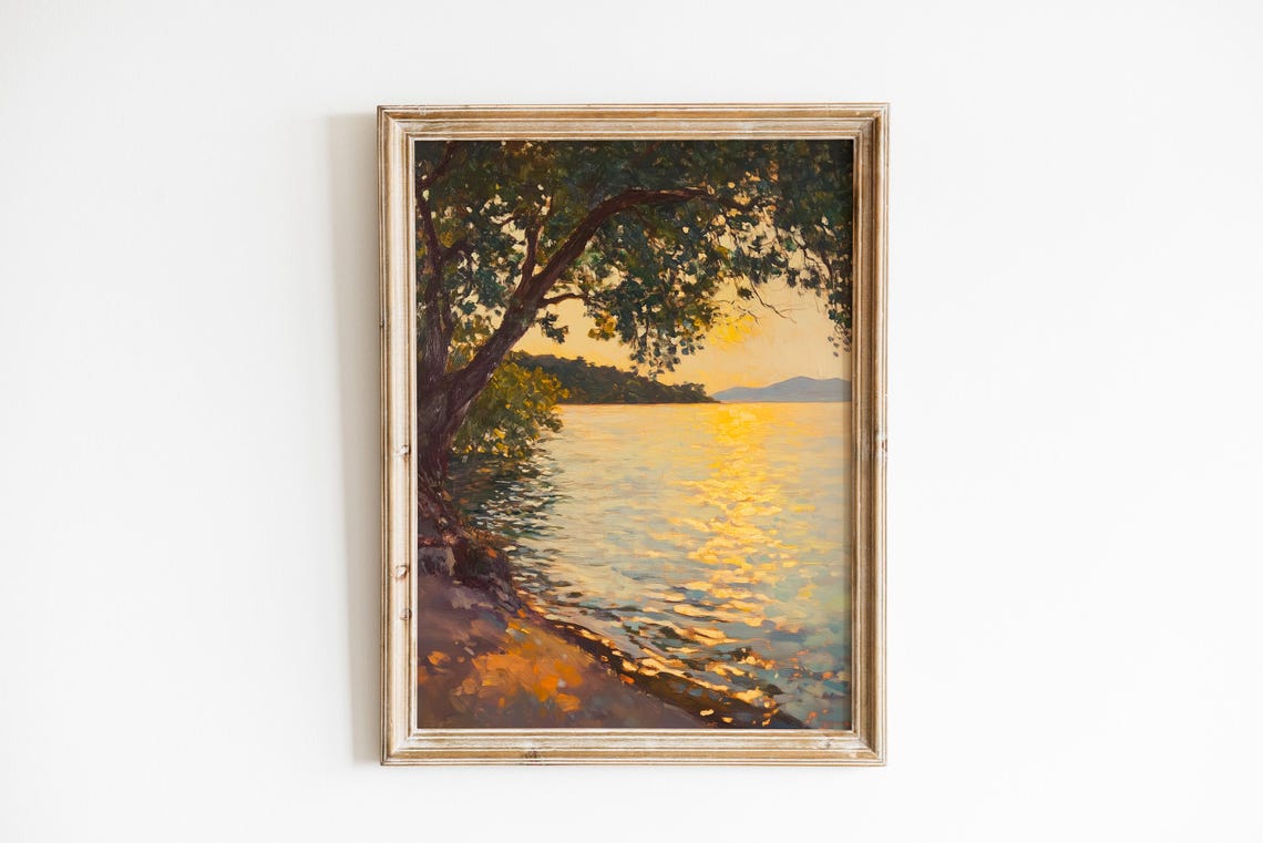 Golden Hour Lakeside Sunset Tree Shore Oil Painting Art Poster