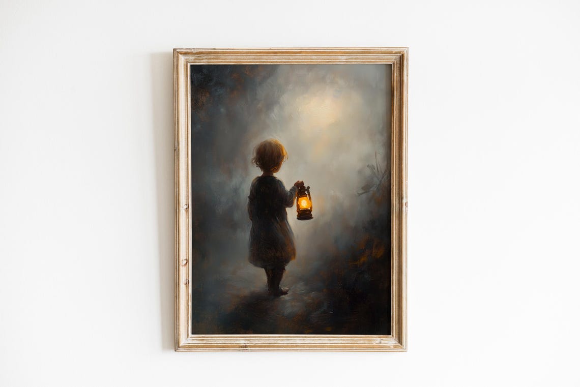 Little Child with Lantern Walking Through Night Fog Wall Art