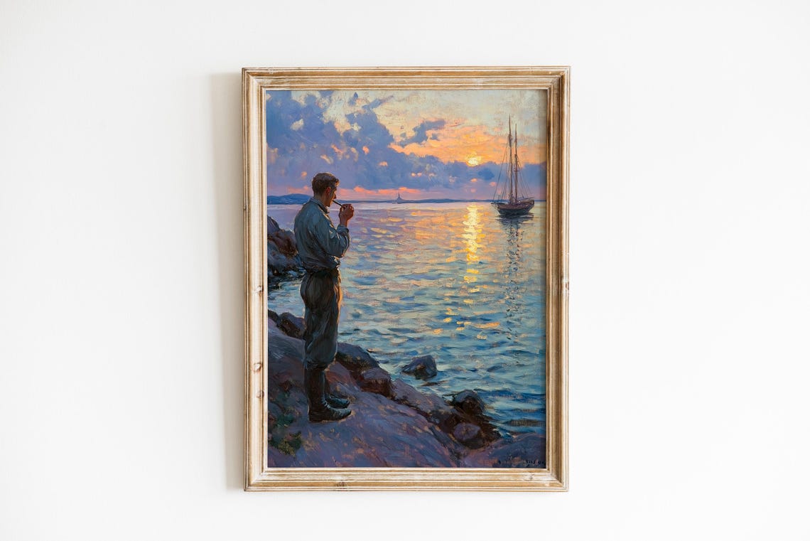 Sailor Watching Sunset Harbor Vintage Nautical Painting Poster