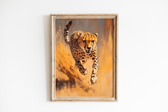 Cheetah Sprinting Across Golden Plains Dynamic Wildlife Art Energetic Safari Print Bold Animal Decor Realistic Painting 1132