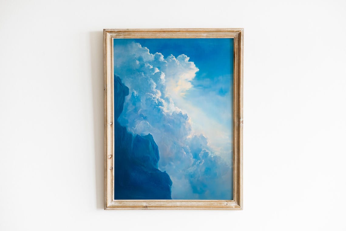 Moody Blue Cloudscape Dramatic Sky Oil Painting Atmospheric Wall Art
