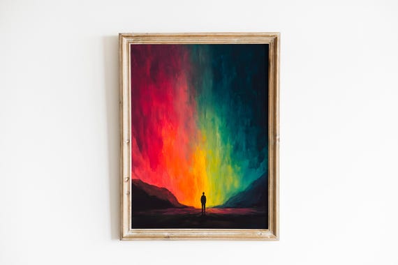 Moody Aurora Borealis Art Dramatic Landscape With Solitary Figure Celestial Modern Decor Wall 342