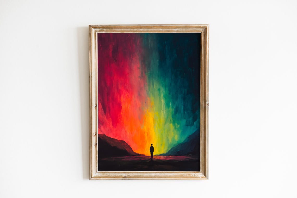 Moody Aurora Borealis Art Dramatic Landscape With Solitary Figure Celestial Modern Decor Wall 342
