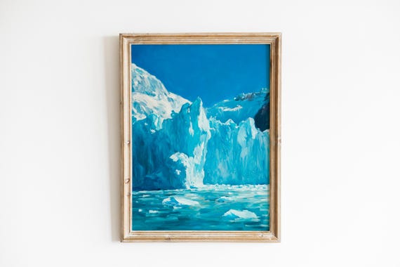 Moody Turquoise Glaciers Art Coastal Landscape Painting Dramatic Ice Cliffs Modern Nature Decor 473
