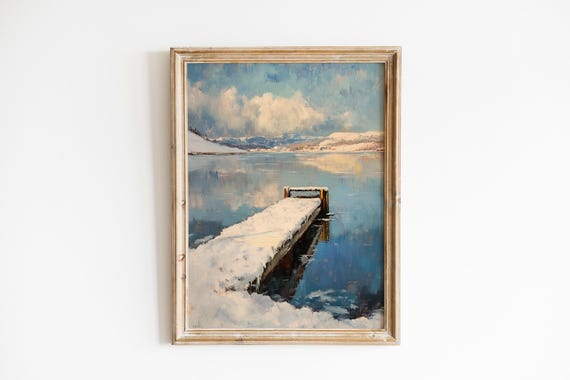 Serene Snowy Dock In Winter Coastal Scene Vintage Moody Landscape Rustic Painting Calm Frozen Water Art 760