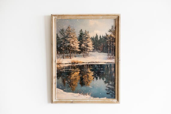 Tranquil Winter Lakescape Moody Rustic Wall Art Serene Lake And Pine Reflection Cozy Snow Scene Neutral Decor 757