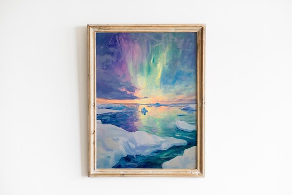 Aurora Borealis Northern Lights Icy Seascape Oil Painting Art Poster