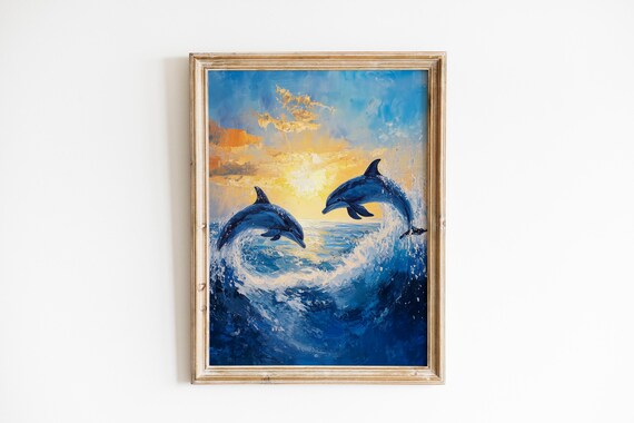 Nautical Dolphin Wall Art Print Two Dolphins Leaping Through Ocean Wave Coastal Decor Dynamic Scene 1217