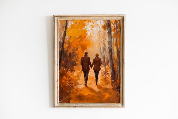 Romantic Autumn Lovers Painting Warm Art Painterly Impressionist Style Cozy Mood Moody Rustic Wall Decor 914