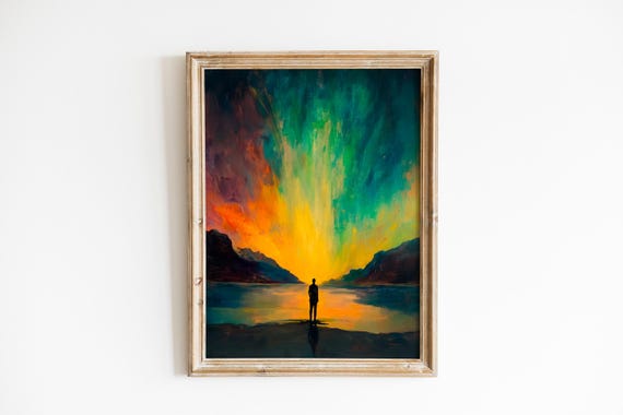 Moody Aurora Landscape Painting Dramatic Figure On Reflective Shoreline Atmospheric Art Decor Instant 344