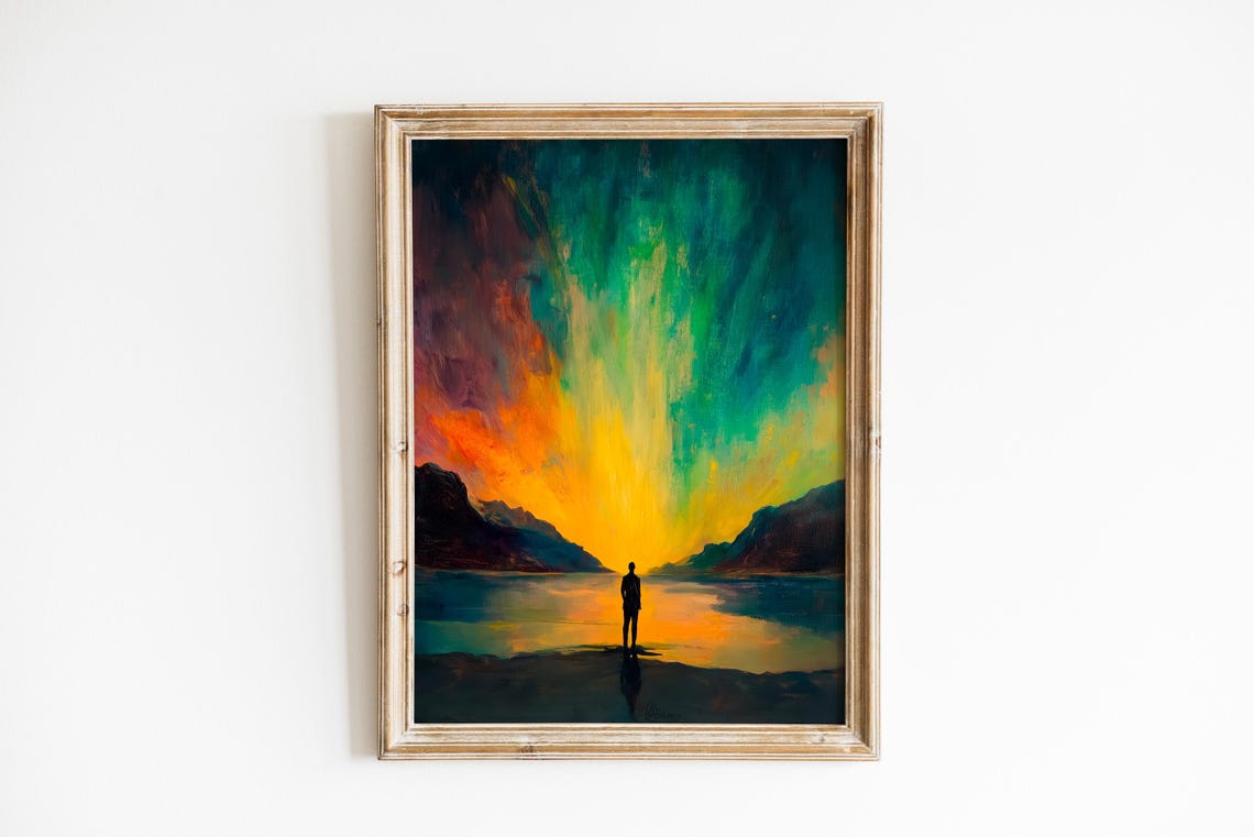 Aurora Borealis Lone Figure Reflective Shoreline Moody Sky Poster Art