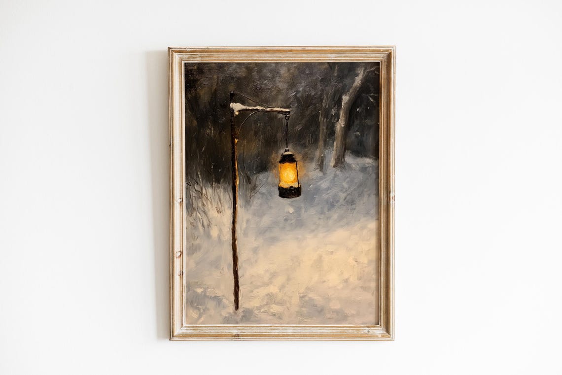 Glowing Lantern Snowy Night Forest Moody Winter Scene Art Poster