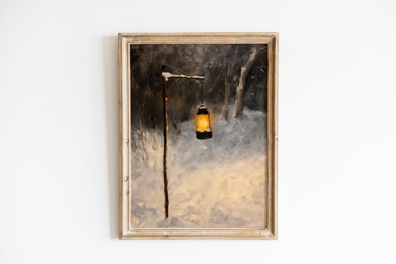 Moody Lantern Print Rustic Shepherds Crook Art Vintage Night Scene Atmospheric Wall Decor Cozy 327