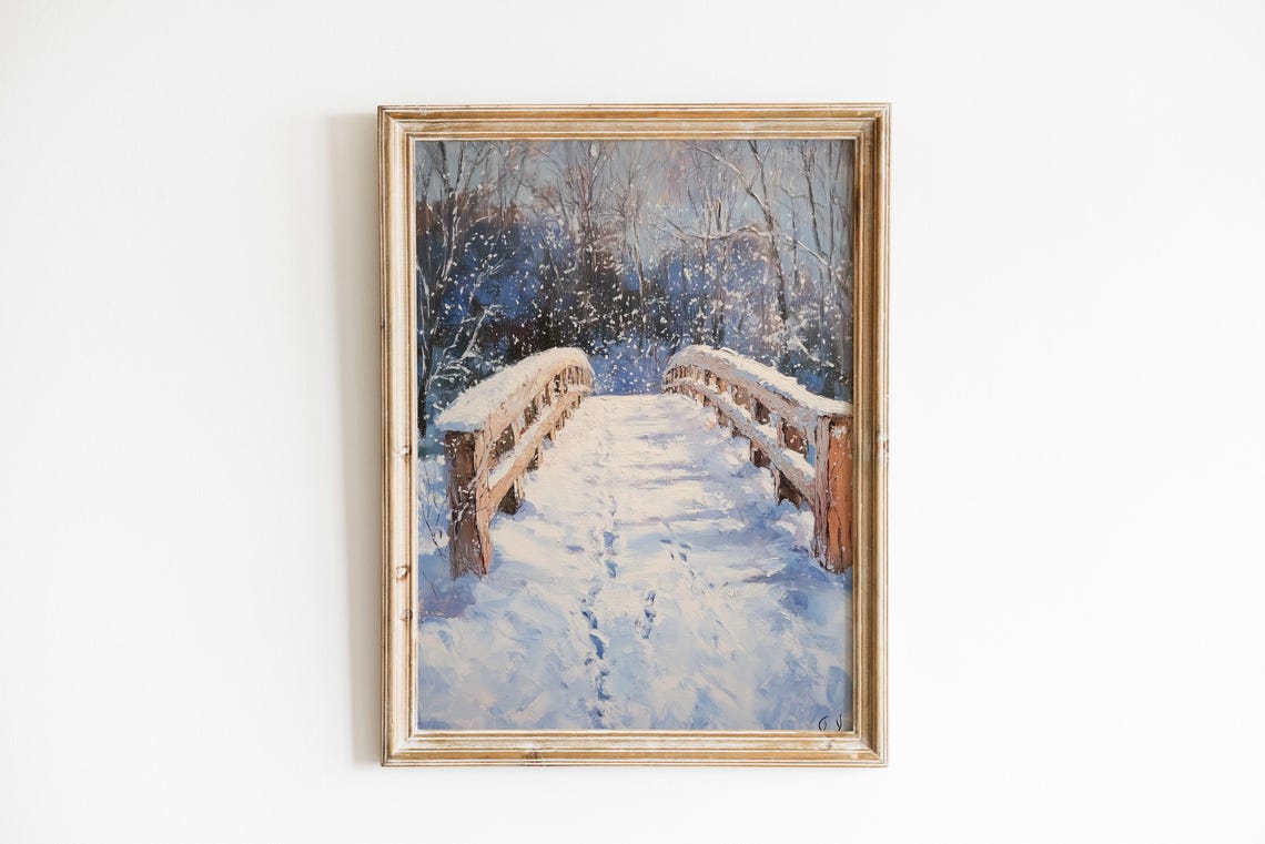 Rustic Winter Bridge Snowy Forest Footprints Vintage Landscape Poster
