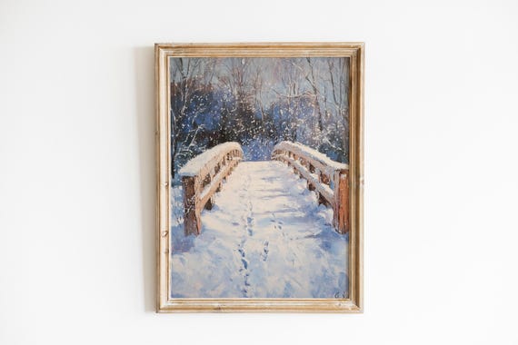 Rustic Winter Bridge Painting Snowy Footbridge In Peaceful Forest Serene Vintage Style Art Instant 754