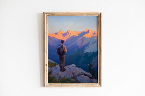 Moody Mountain Landscape Art Dramatic Evening Glow Hiker Wall Decor Scenic Adventure Nature Painting 1098