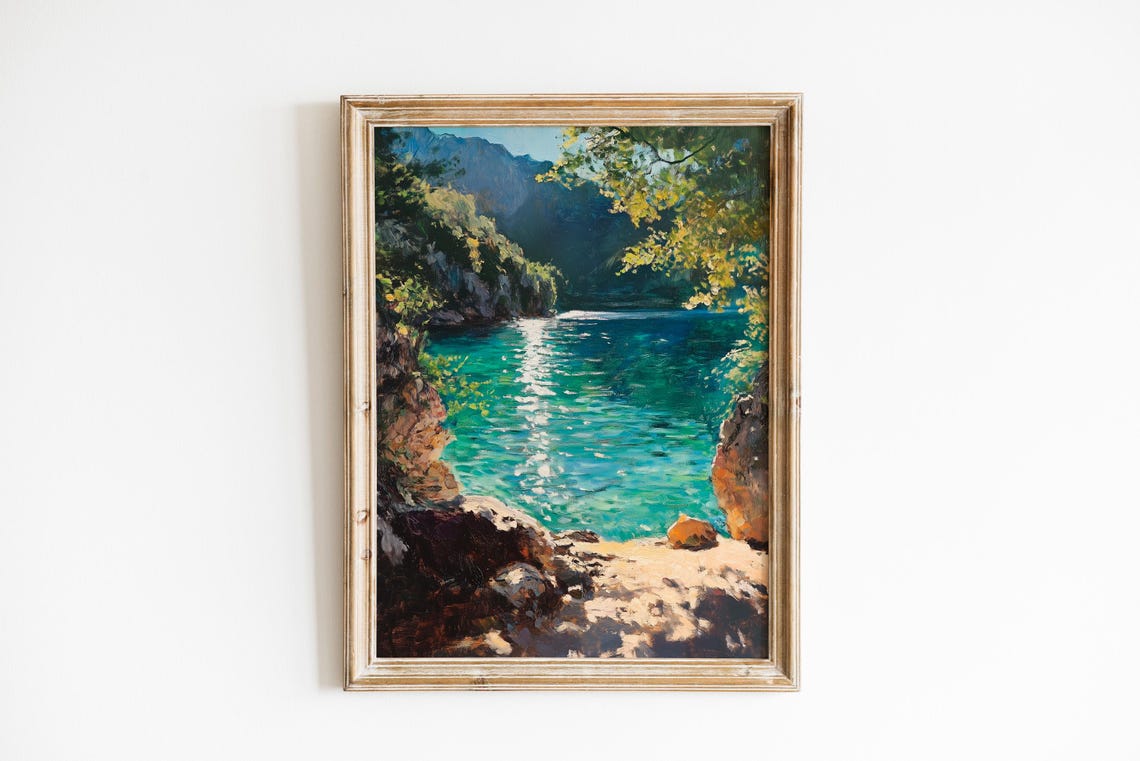 Sunlit Emerald Mountain Lake Cove Impressionist Nature Poster
