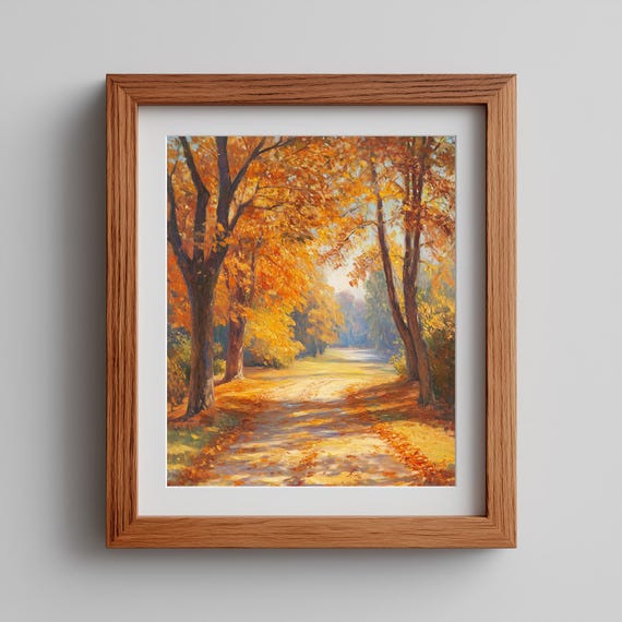 Golden Autumn Country Road Painting Chestnut Trees Warm Fall Art Poster