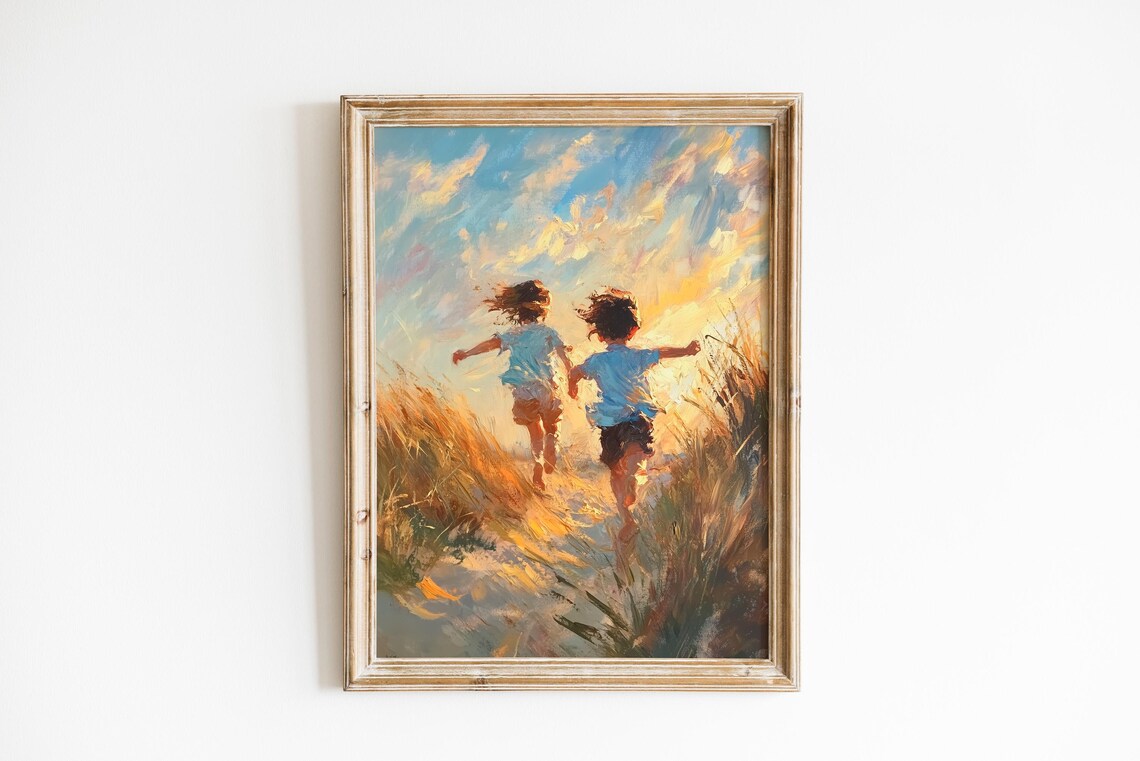 Children Running on Dunes at Sunset Joyful Summer Oil Painting Poster