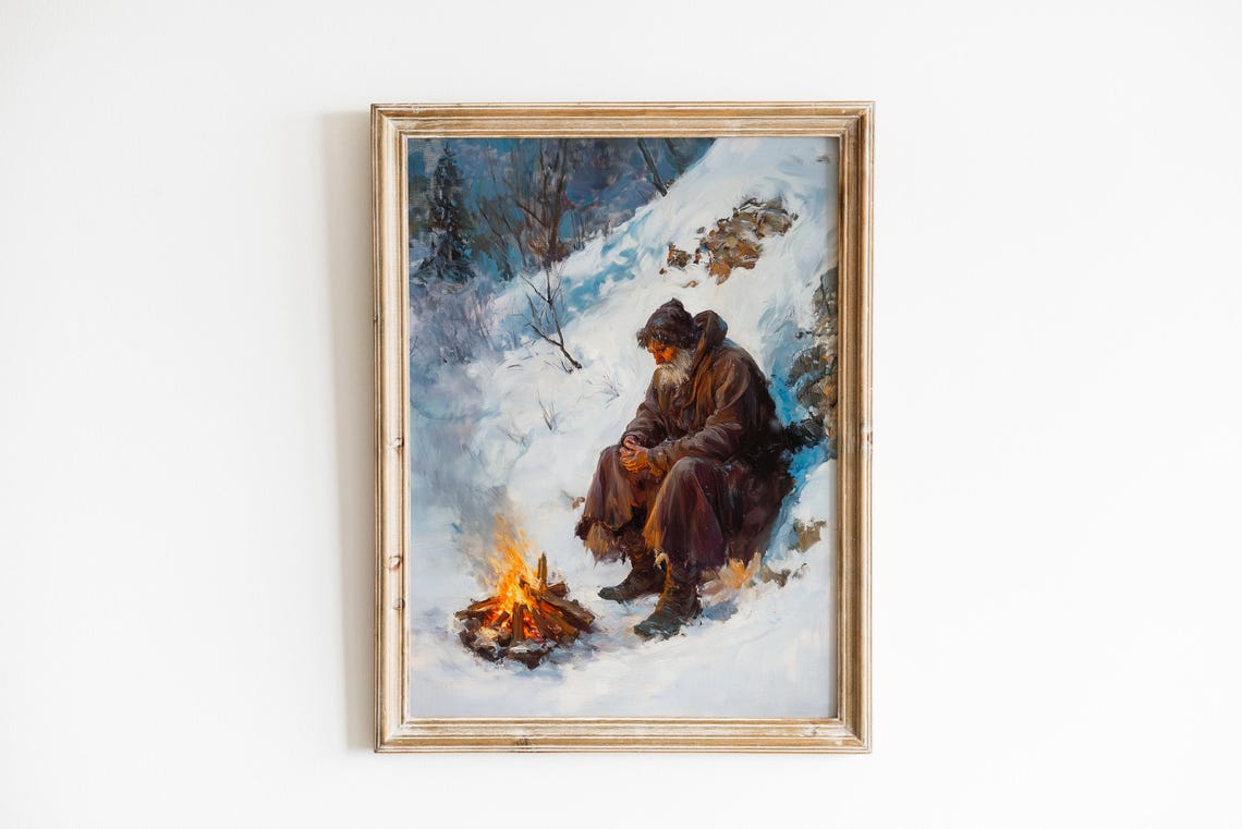 Moody Shepherd By Campfire Art Rustic Winter Scene Cozy Snowy Landscape Vintage Wall Decor 360