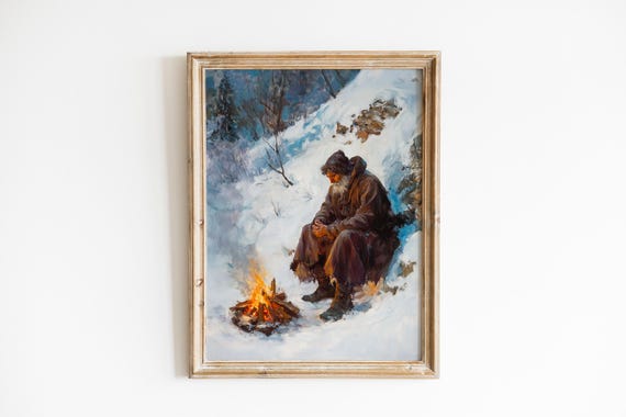 Moody Shepherd By Campfire Art Rustic Winter Scene Cozy Snowy Landscape Vintage Wall Decor 360