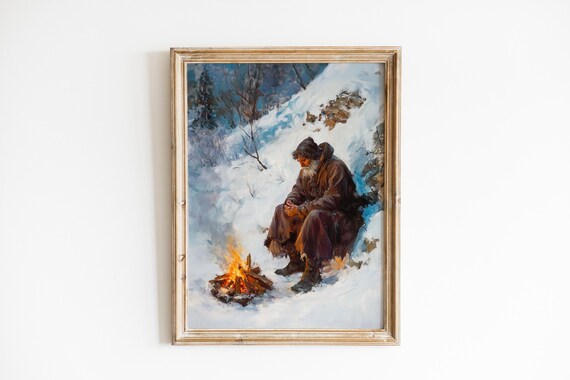 Moody Shepherd Warming Hands by Campfire in Snowy Forest Winter Poster