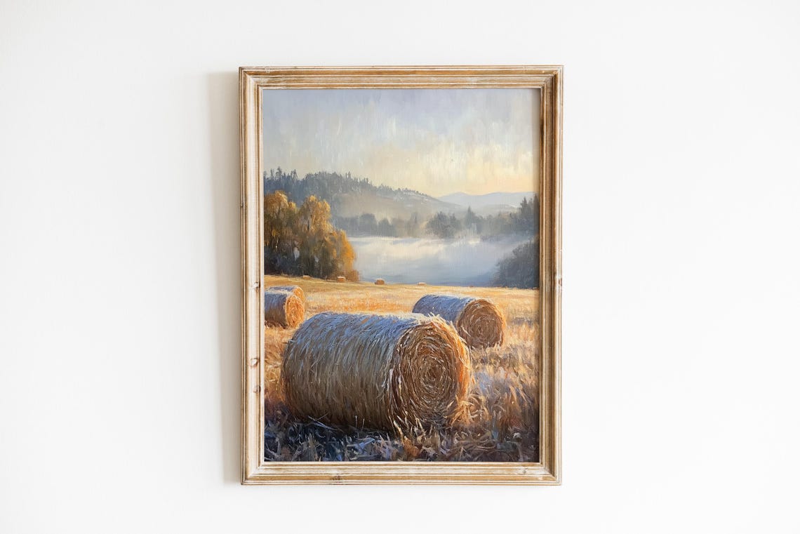 Hay Bales In Morning Mist Golden Field Rustic Farmhouse Wall Art