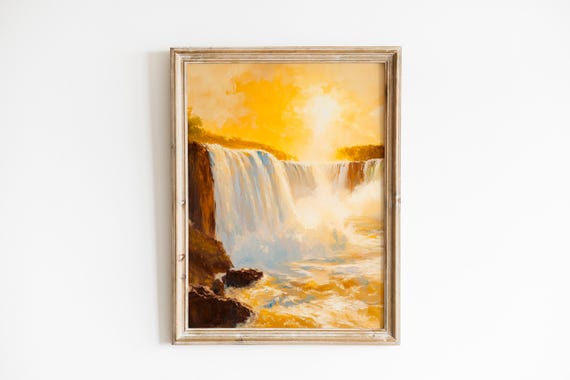 Dramatic Waterfall Print Iguazu Falls Art Vintage Golden Hour Landscape Textured Brushstrokes 513