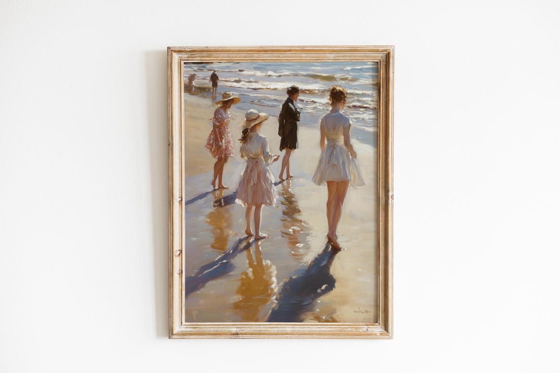 Sunlit Beach Girls In White Dresses Wading Vintage Style Poster
