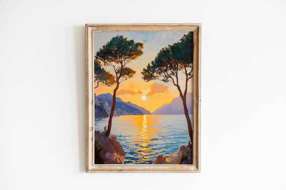 Cypress Trees Framing Golden Ocean Sunset Vintage Coastal Wall Art