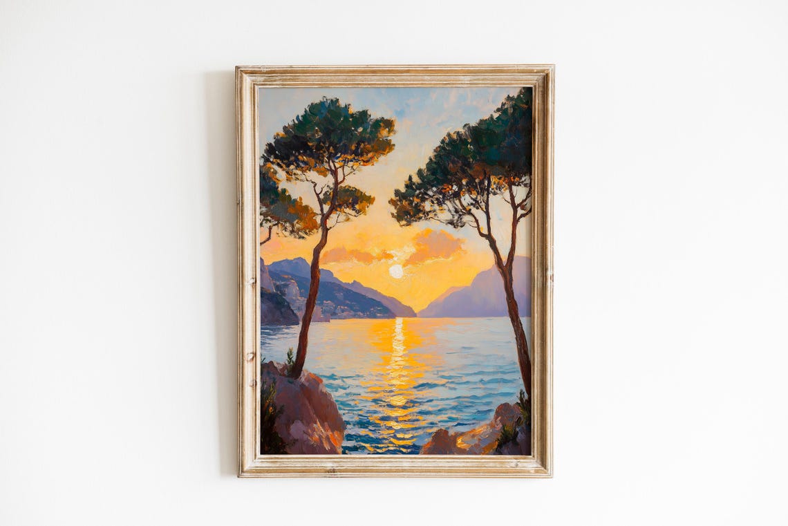 Cypress Trees Framing Golden Ocean Sunset Vintage Coastal Wall Art