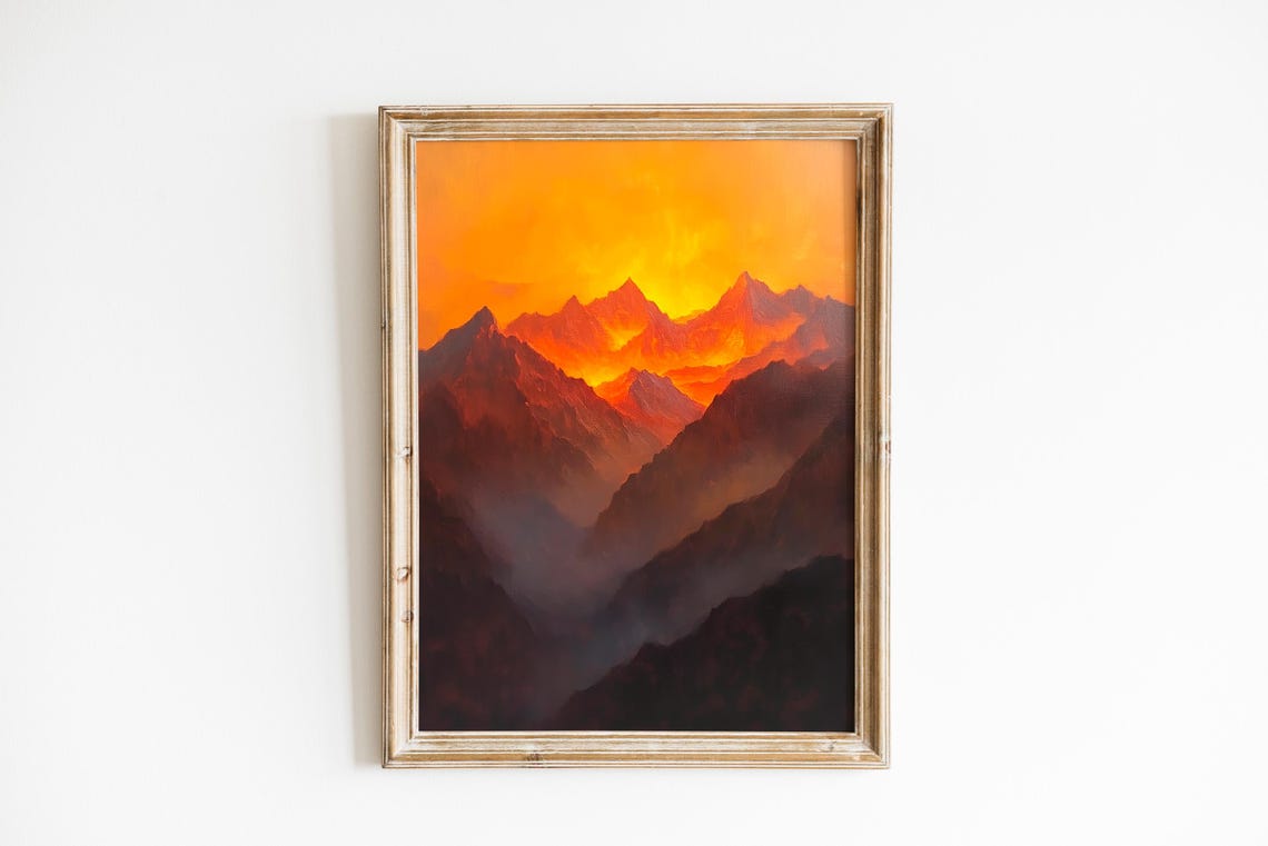 Dramatic Fiery Sunrise Over Layered Mountain Peaks Golden Glow Poster