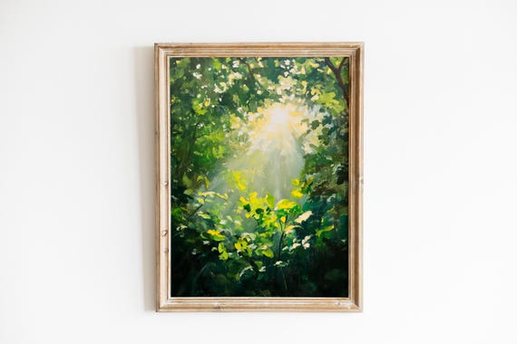 Moody Natureinspired Jungle With Sunbeam Tropical Wall Art Lush Green Landscape Vintage Painting 831