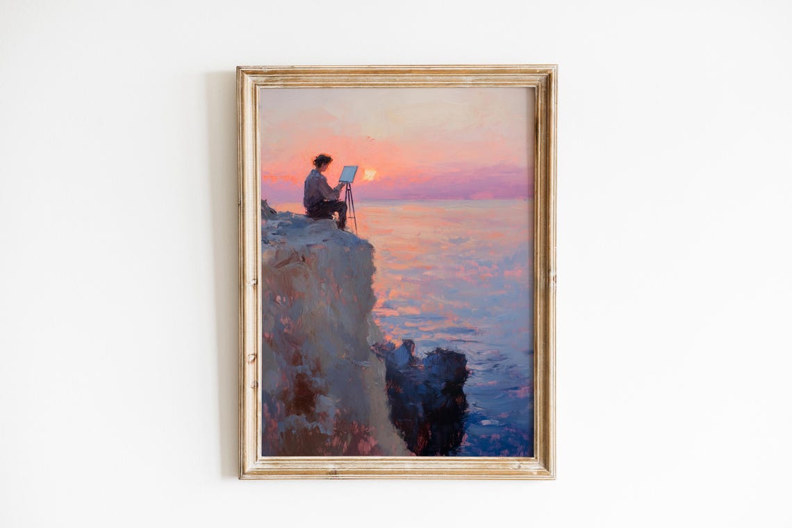 Artist Painting Sunset From Cliff Edge Romantic Seascape Wall Art