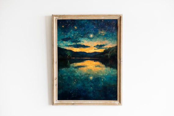 Moody Starry Night Over Still Lake Ethereal Celestial Reflection Tranquil Nightscape Painting Wall Art 794