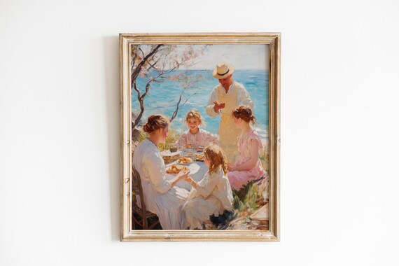 Family Picnic by the Sea Impressionist Painting Summer Coastal Art Print