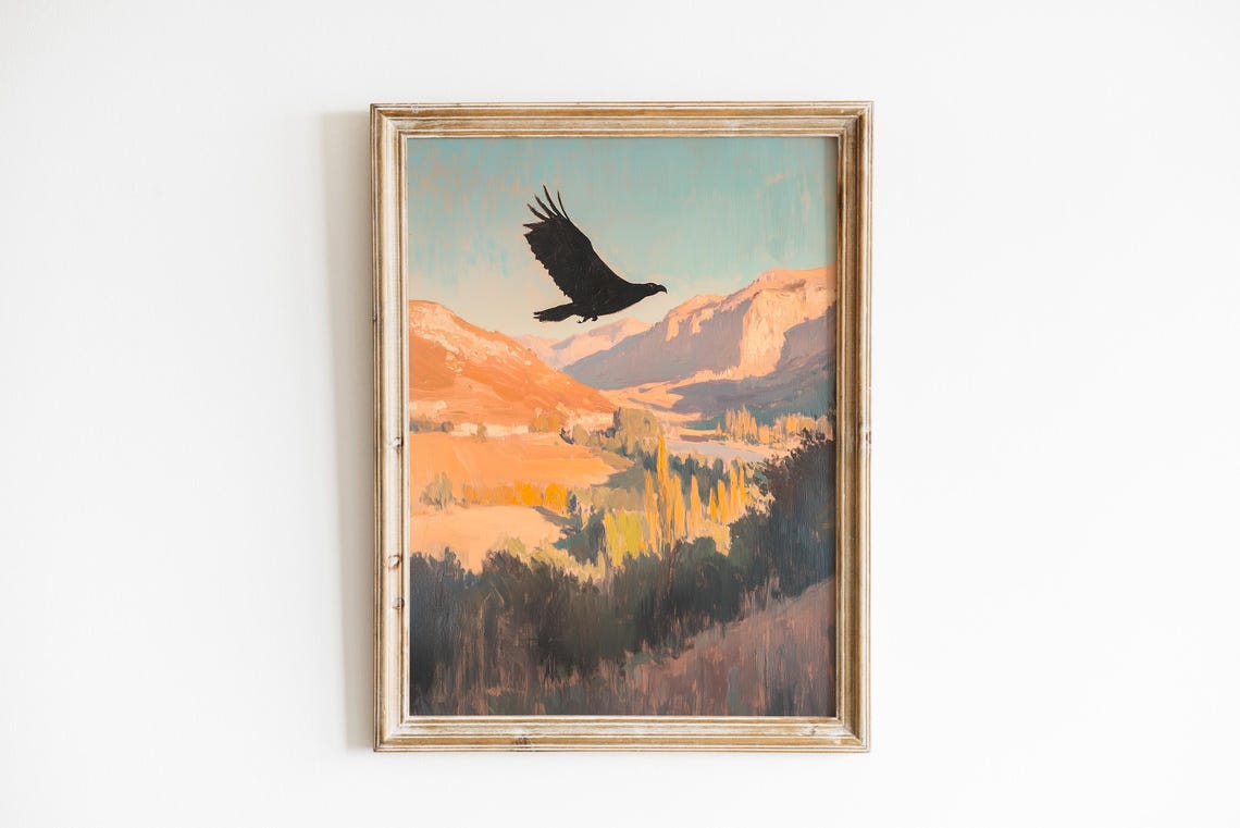 Soaring Condor Over Golden Canyon Valley Sunset Painting Print