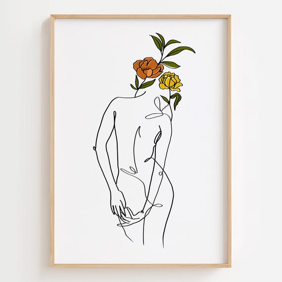 Woman Back Line Art Print, Floral Body Illustration