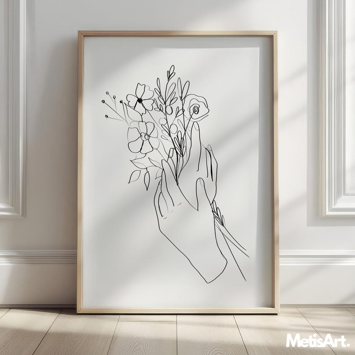 Hands Holding Wildflower Bouquet Minimalist Line Art Wall Poster