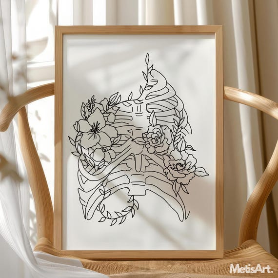 Floral Rib Cage Anatomy Print Thorax Skeleton Art
