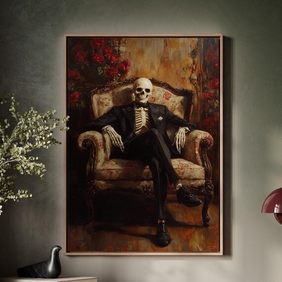 Dapper Skeleton in Tuxedo Seated on Ornate Victorian Chair Gothic Poster